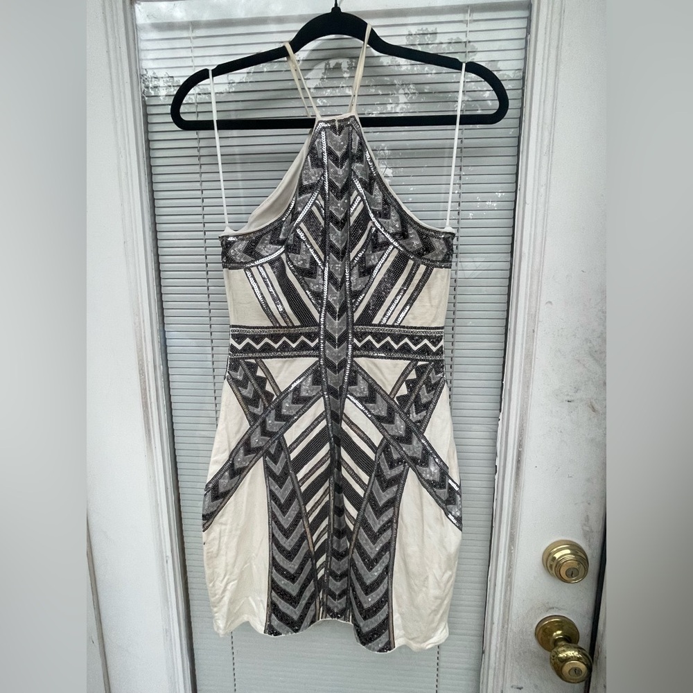 Express Ivory Strapless Halter Dress with Silver Sequin Geometric Design